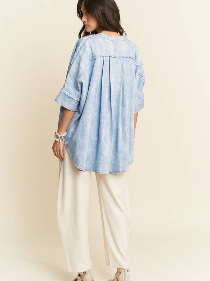 WASHED DENIM STAND COLLAR FRINGE HEM LOOSE SHIRT for wholesale on Faire7
