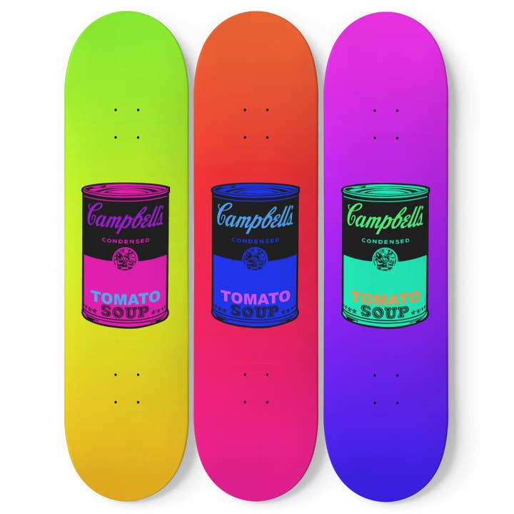 Andy Warhol Inspired - Campbell Soup | Neon Colors - 3-piece Skateboard Wall Art | Aesthetic Vintage Style Wall Art | Inspired Art for wholesale by SkateboardArtsy