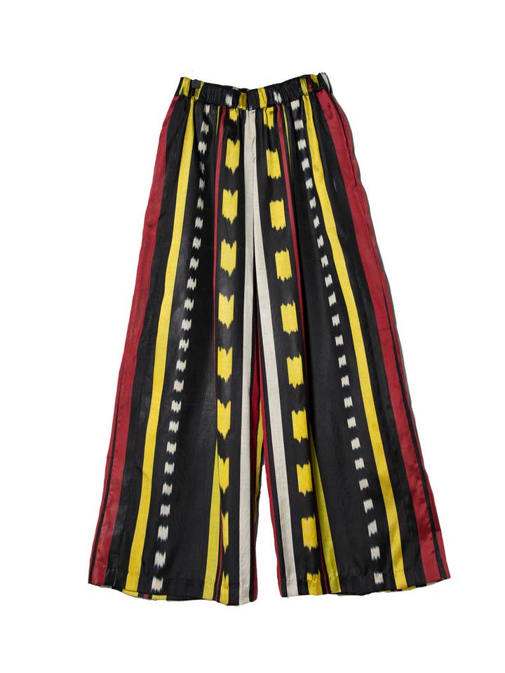 Pantaloni a Gamba Larga Ikat a Righe Nere e Gialle per la vendita all'ingrosso da parte di Bibi Hanum