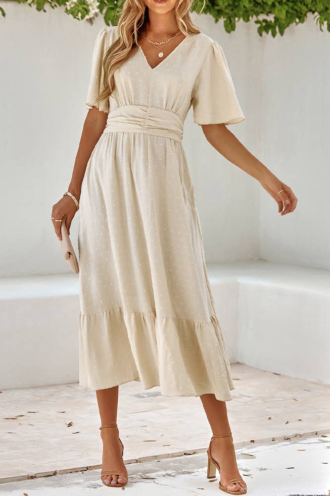 UNISHE - Wholesale Dress - Women's - Swiss Dot V Neck Ruffle Sleeves Dress SN1602