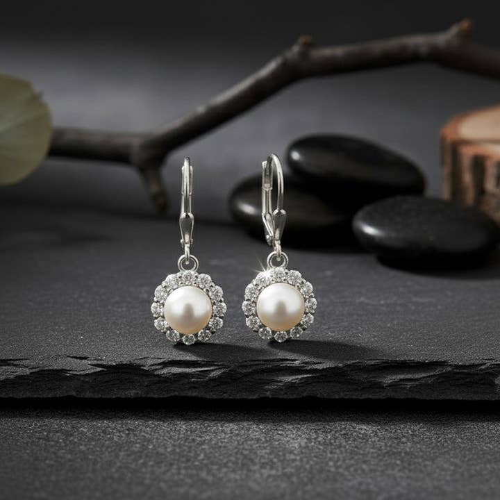 Timeless Radiance: Natural Pearl & Dazzling Moissanite Halo Drop Earrings for wholesale by Princejewelshub