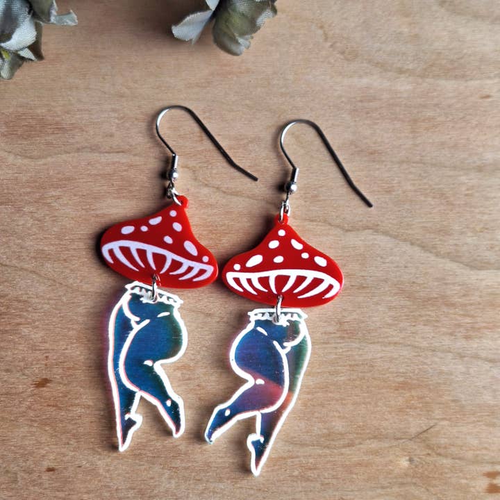 Jedi Woods LLC - Wholesale Dangle Earrings - Mushroom Lady Earrings with Red and Irredescent Acrylic5