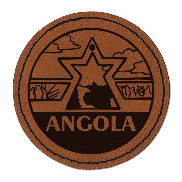 Angola Fortress of Sao Miguel Country Destination Round Iron-On Engraved Faux Leather Patch Applique - 2.5 Inch - Brown for wholesale by Sniggle Sloth