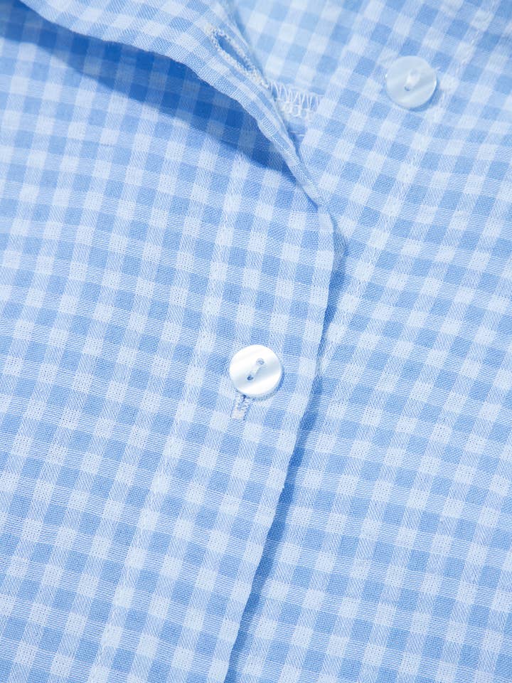 Blue Gingham Short Puff Sleeve Button Up Shirt for wholesale on Faire4