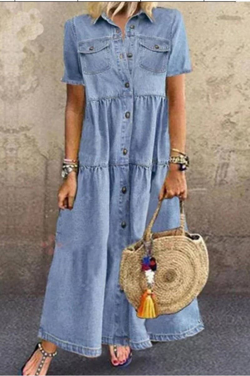 NINEXIS - Wholesale Dress - Women's - CWDMD6218_DENIM STYLE LONG MULTI-BUTTON DISTRESSED DRESS1