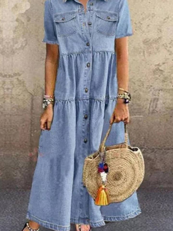 NINEXIS - Wholesale Dress - Women's - CWDMD6218_DENIM STYLE LONG MULTI-BUTTON DISTRESSED DRESS1