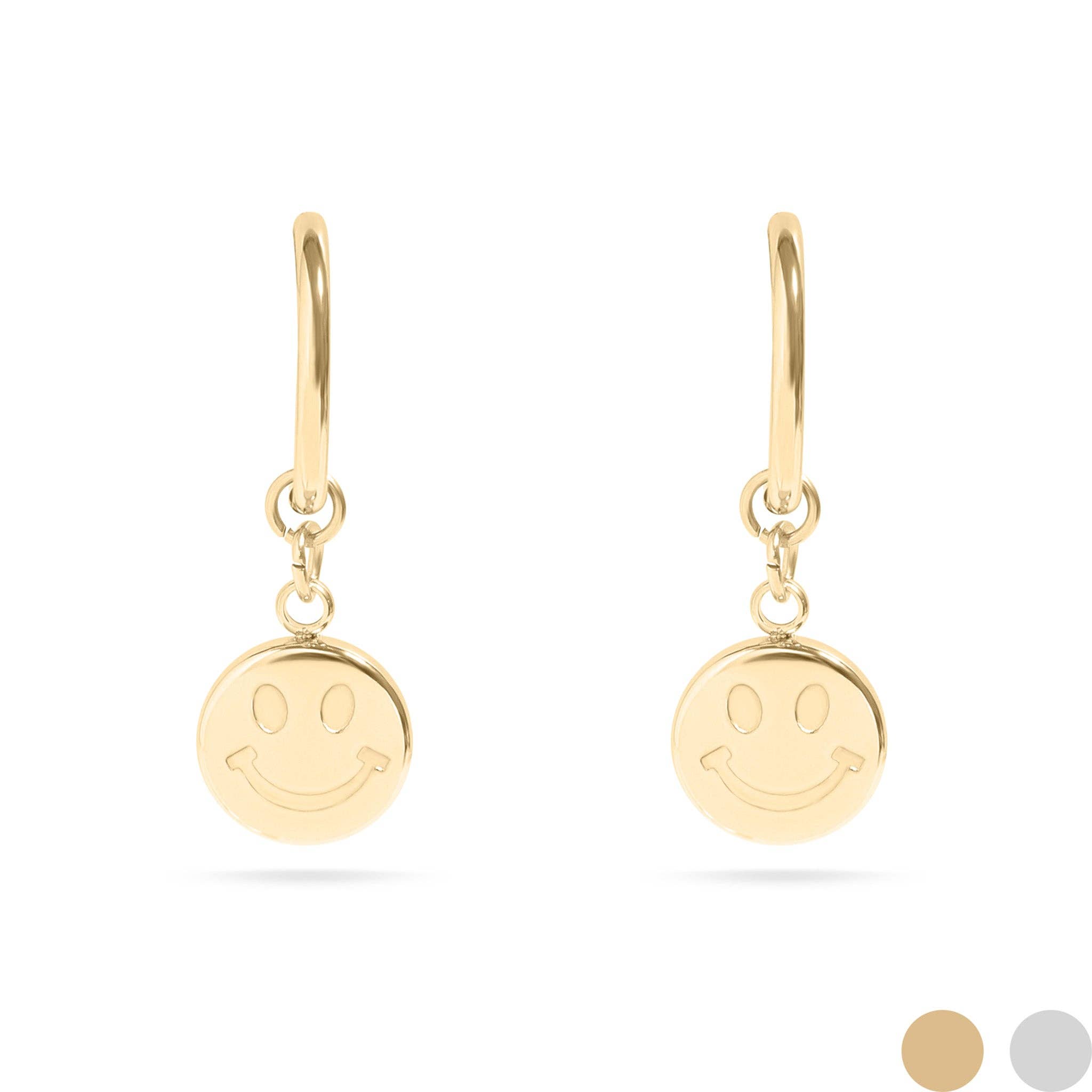 WJW - Wholesale Huggie Earrings - 18K Gold Stainless Steel Smiley Face Huggie Charm Earrings0