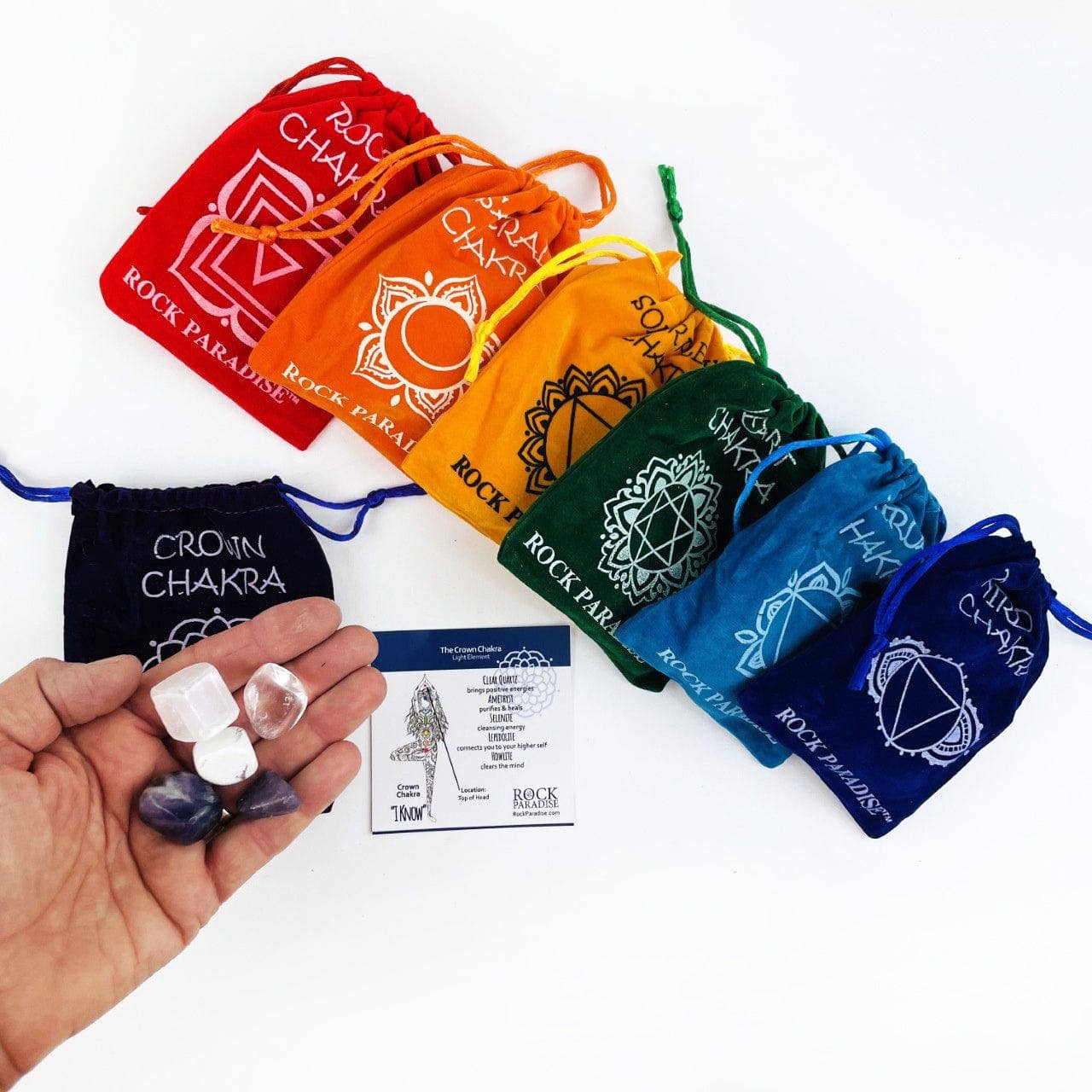 Rock Paradise - Wholesale Spiritual Stone/Crystal - Crystal Chakra Plush Pouch with Info Card & Tumbled Stones2