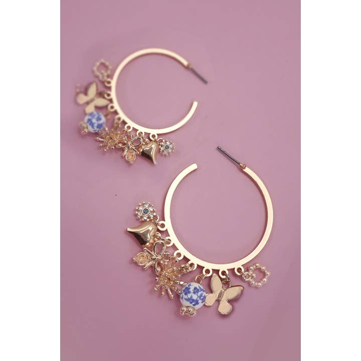 Gold BLUE CERAMIC PORCELAIN MULTI CHARM HOOP EARRINGS | 80E6442 for wholesale on Faire