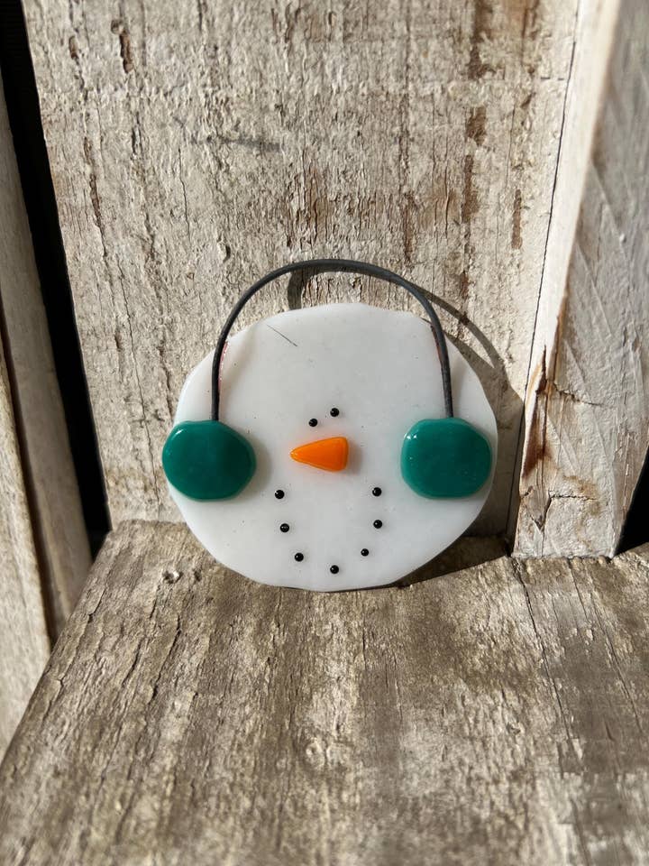 Snowman Ornament Teal Earmuffs for wholesale by Glassworks Idaho