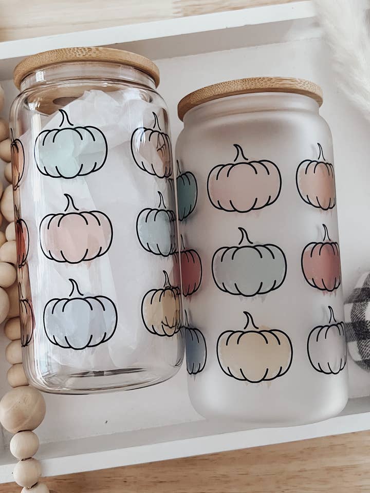 Watercolor Pumpkins 16 oz Glass Cup with Bamboo Lid for wholesale by Emma K Designs