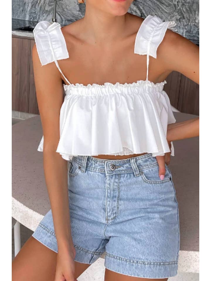 T2023ES0016- White Sleeveless Ruffle Trim Cropped Top for wholesale on Faire1