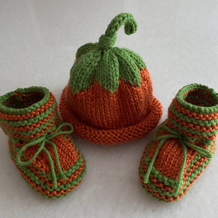 Knit By Ma and Bear - Wholesale Clothing Set - Baby - Pumpkin; Hand knit hat and/or booties; baby toddler; fall