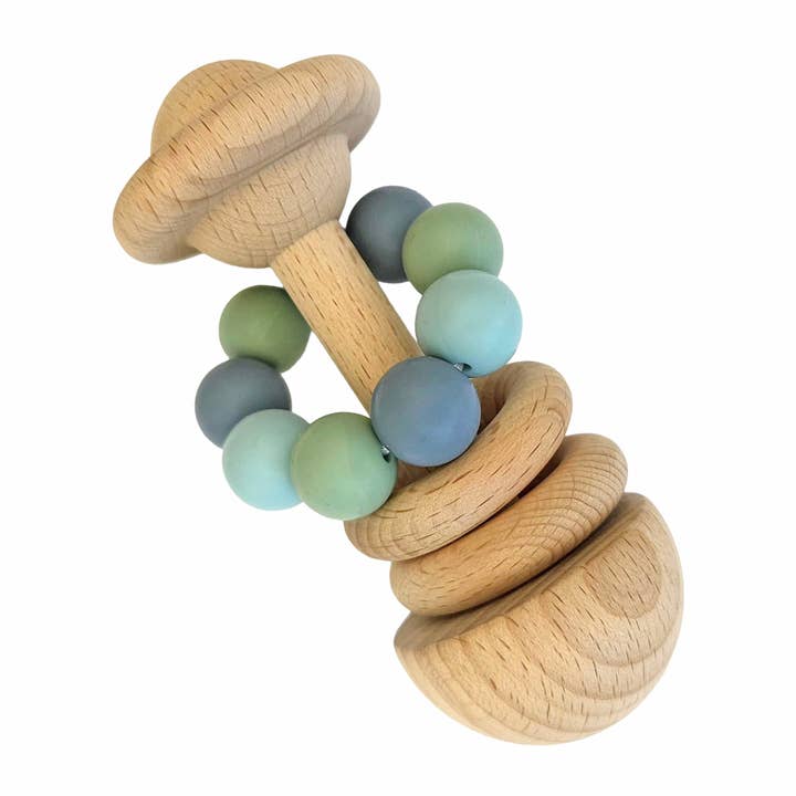 Baby Wooden Rattle Silicone Beads Blue for wholesale by Summerville organic