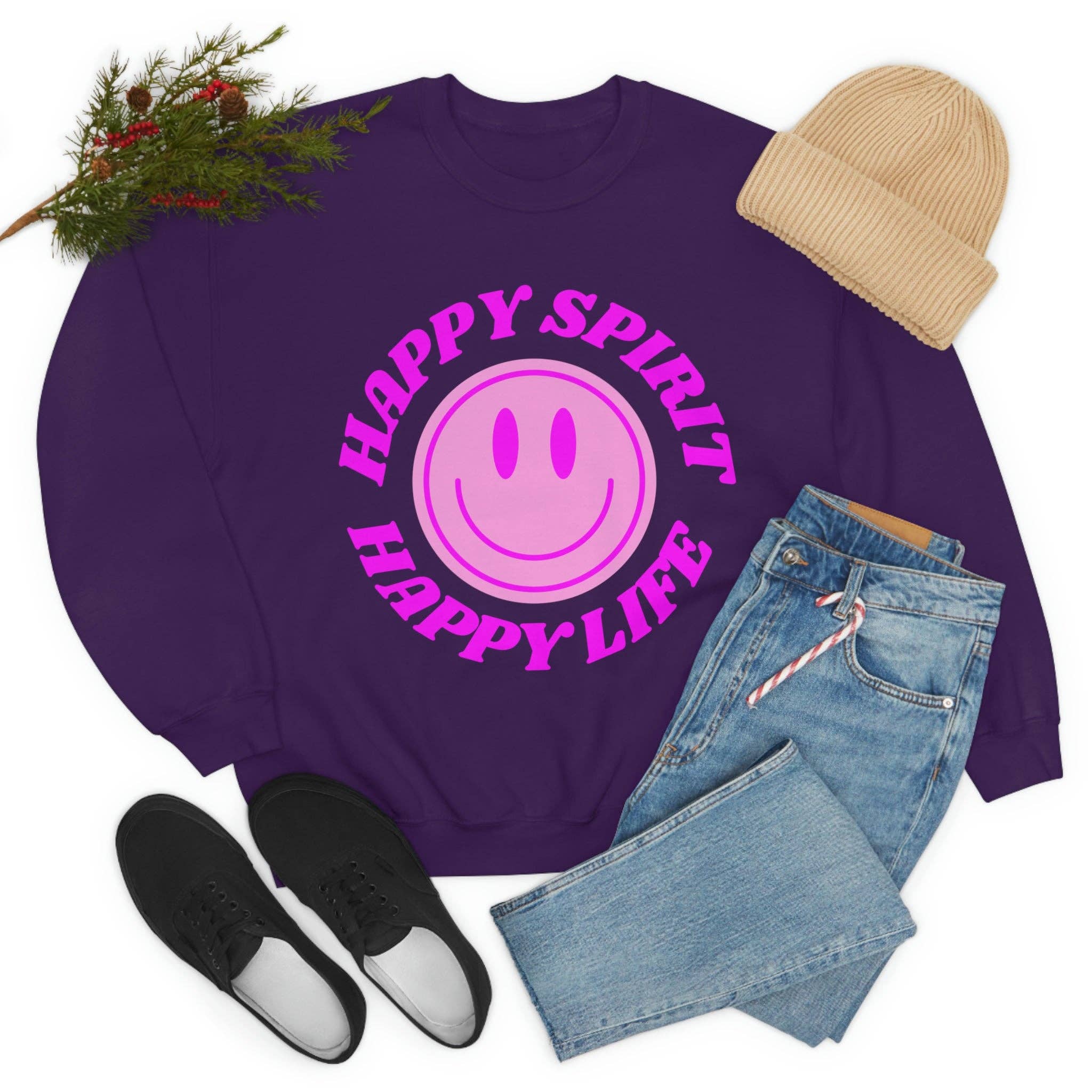 Happy Life Stuff - Wholesale Graphic Sweatshirt - Women's - Happy Spirit Happy Life Sweatshirt, VSCO Girl Crewneck, Oversized Retro Font Graphic Tumblr, Front Print Smile Face Trendy Cover Up24