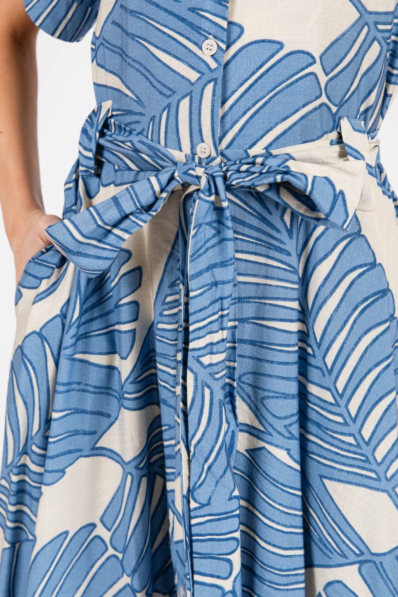 B I G H I T Fashion - Wholesale Dress - Women's - Palm Print Short Sleeve Button-Down Maxi Dress HD3020-BLUE13