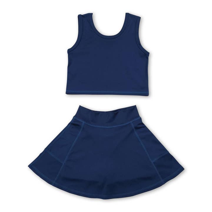Navy sleeveless top skirt kids girls active wear set for wholesale by Yawoo Garments