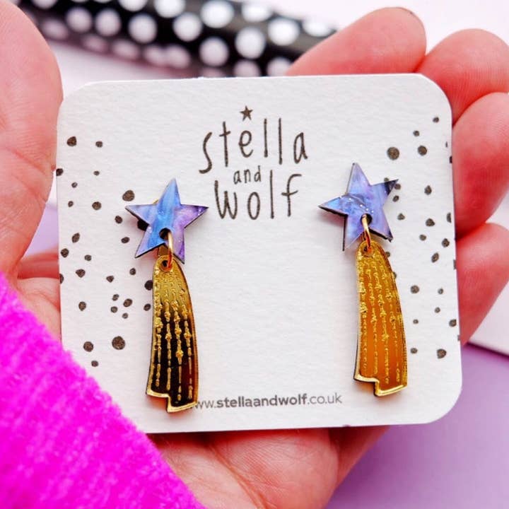 Purple and gold shooting star earrings for wholesale by Stella and Wolf