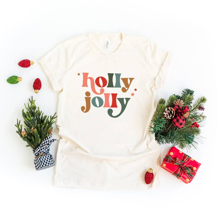 Olive And Ivory Wholesale - Wholesale Screen Printed T-Shirt - Women's - Holly Jolly Stars | Short Sleeve Graphic Tee | Christmas