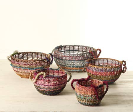 India Handicrafts Inc - Wholesale Basket - Jute Handle Baskets - Colorful - Set of 52
