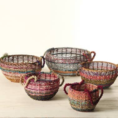 India Handicrafts Inc - Wholesale Basket - Jute Handle Baskets - Colorful - Set of 52