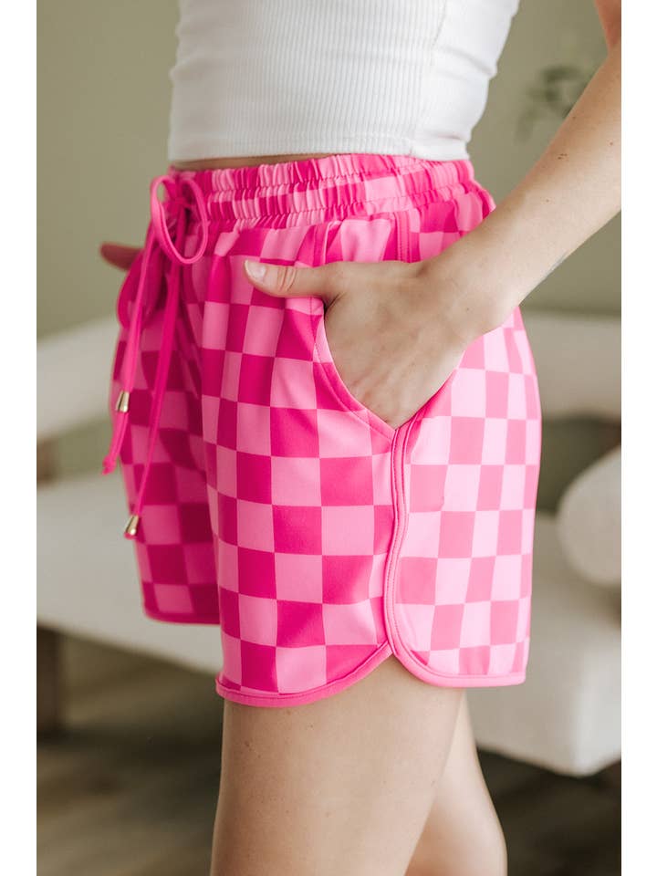 1 the Woman - Wholesale Shorts - Women's - Checkered Drawstring Elastic Waist Casual Shorts
