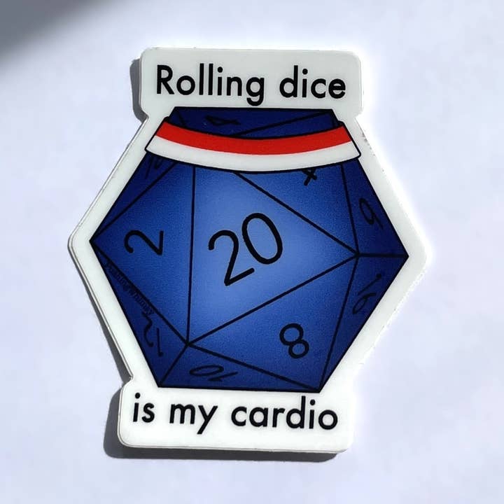 Dice Sticker - 20 Sided Die - "Rolling Dice is My Cardio" for wholesale by Pushing Whimsy