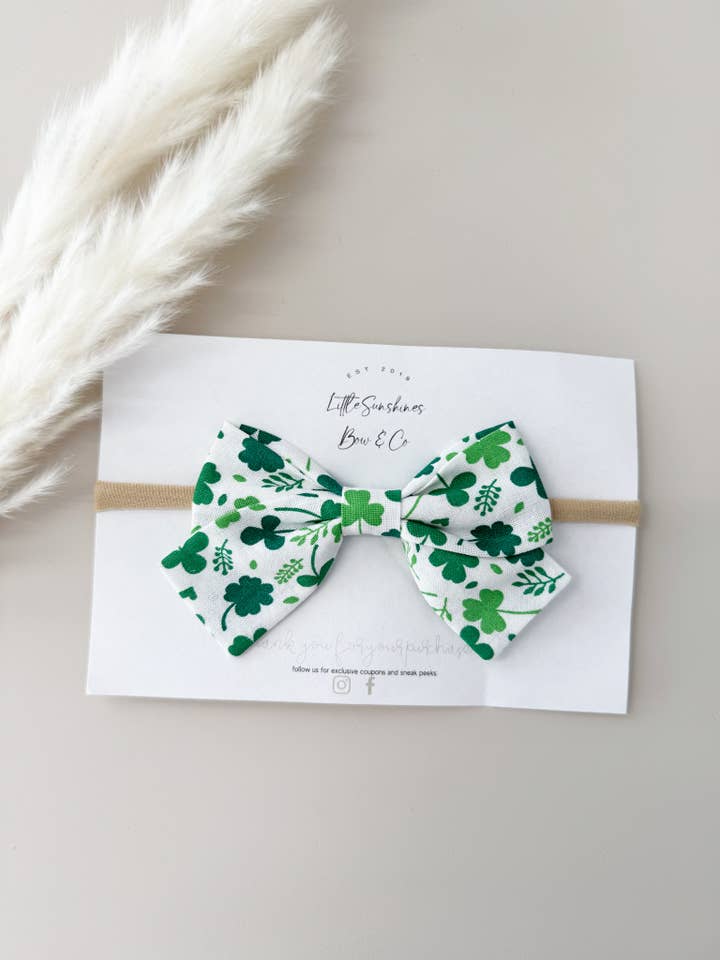 White Clovers St Patricks Day Pinwheel Bow for wholesale by Little Sunshines Bow & Co