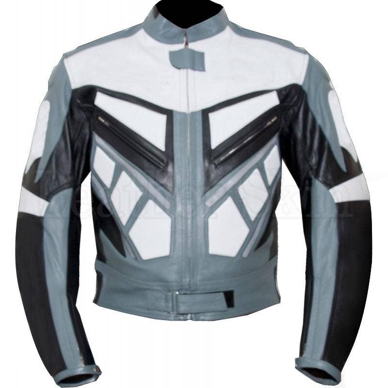 Leather Skin Shop – Engroshandel Jakke - Unisex – Grå hvid Biker ægte læderjakke0