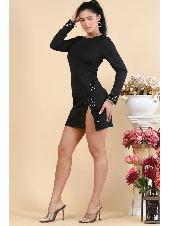 Nylon Apparel - Wholesale Dress - Women's - 81148-Sequin Side Split Zipper Dress6