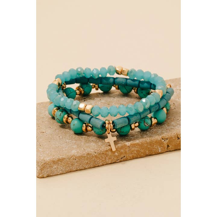 Anarchy Street - Wholesale Beaded Bracelet - Cross Charm Wood Stone And Glass Beaded Bracelet Set