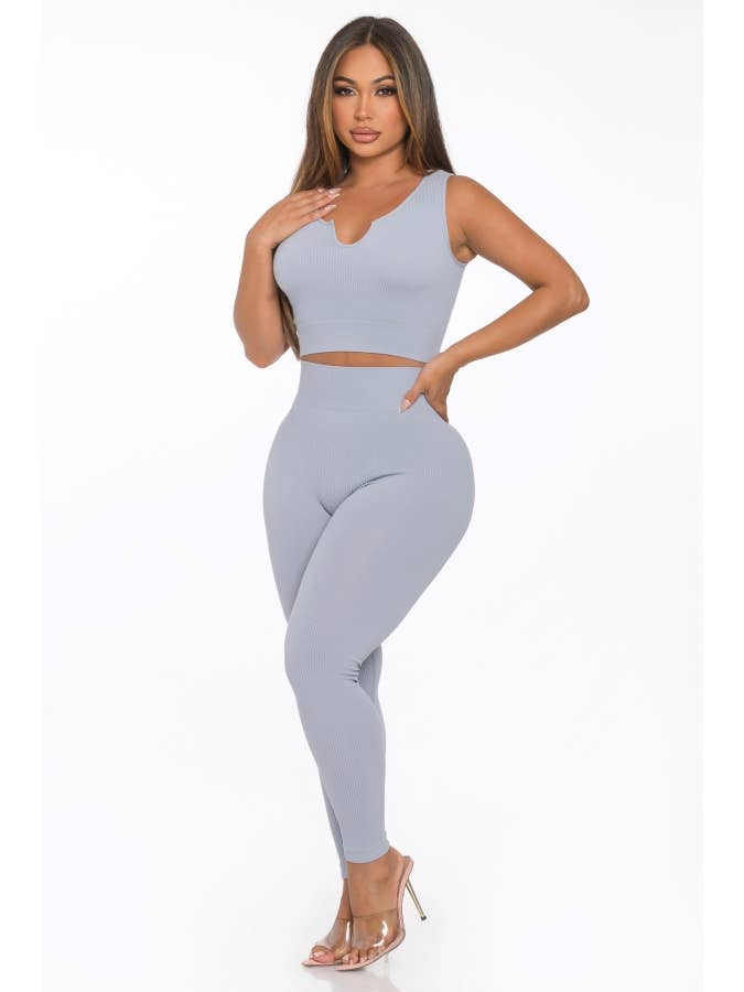 Lime All the Time - Wholesale Lounge Set - Women's - 2 Pcs Seamless Notch U Neckline Tank Top and Legging Set6