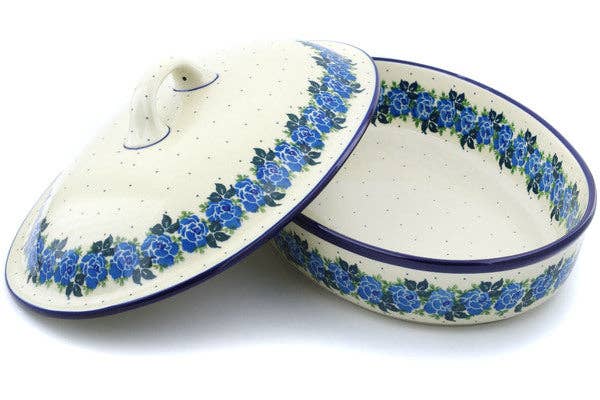 Polmedia Polish Pottery - Wholesale Baking Dish - Baker with Cover 14" Blue Rose Theme2