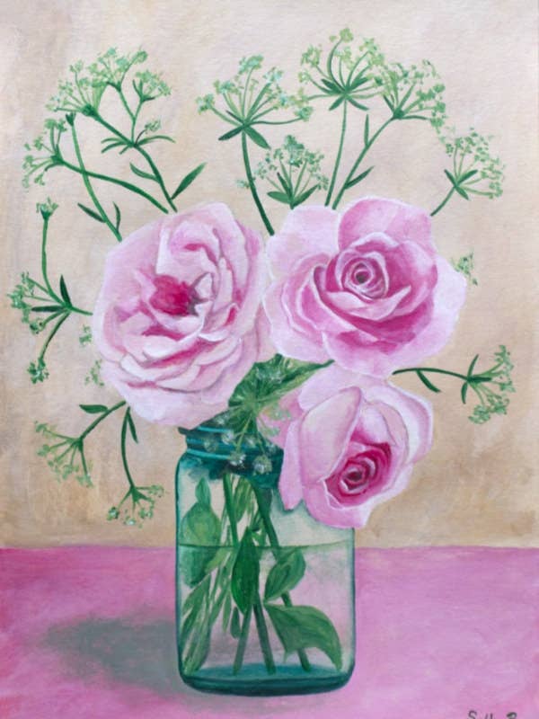 Pink roses art print flowers in glass vase for shabby chic for wholesale by Sally B