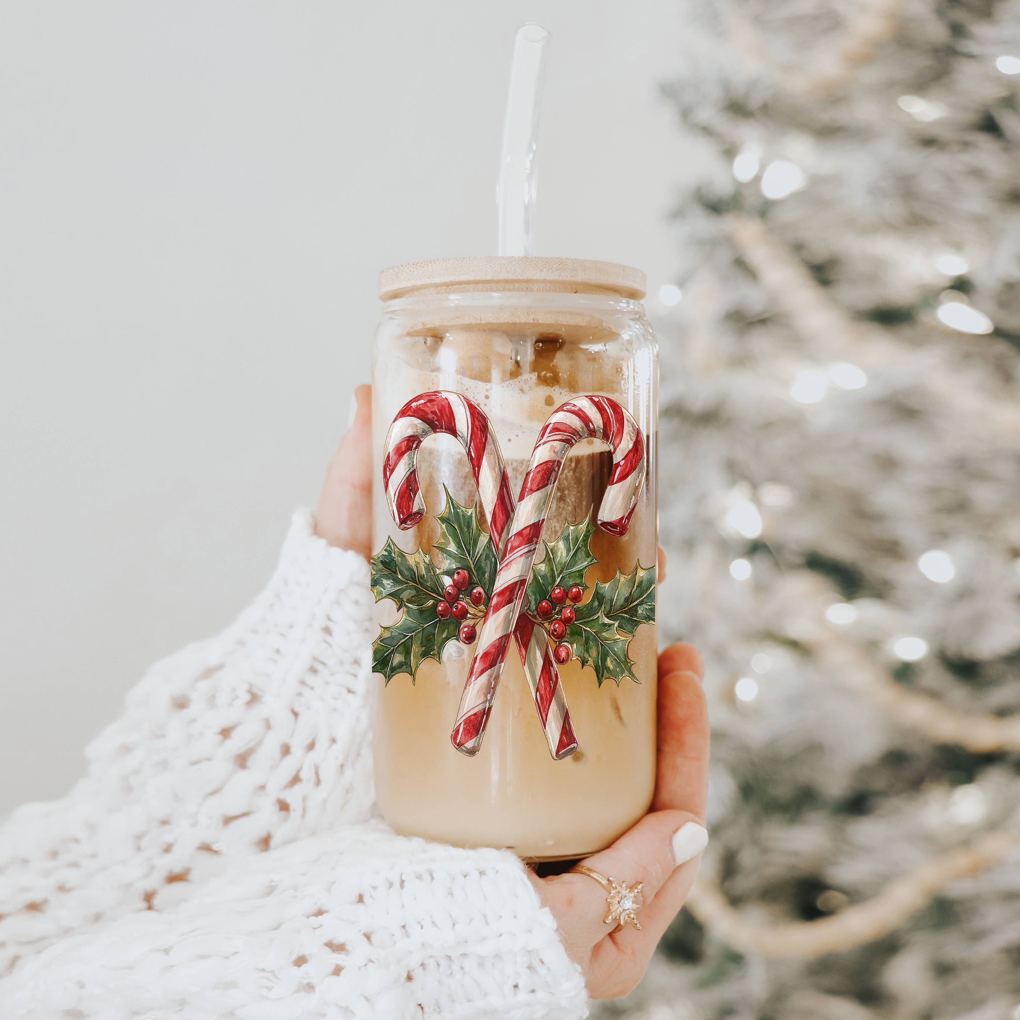 Gia Roma - Wholesale Drinking Glass/Cup - Candy Cane Christmas Can Glass. Cup With Glass Straw & Lid20