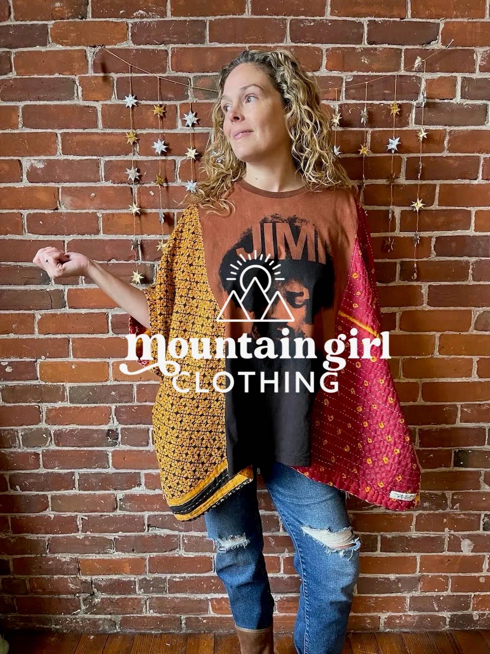 Mountain Girl Clothing - Wholesale Poncho - Women's - Upcycled Kantha Poncho Mix Of Band + Boho Graphic Tees