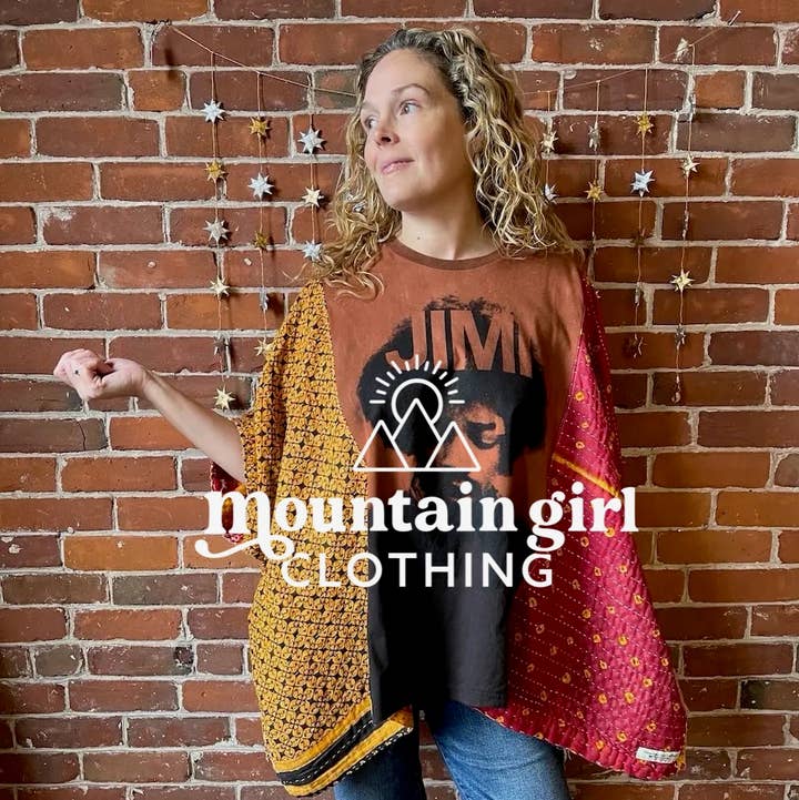 Mountain Girl Clothing - Wholesale Poncho - Women's - Upcycled Kantha Poncho Mix Of Band + Boho Graphic Tees