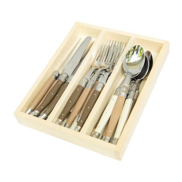 Jean Dubost 18 Pc Flatware Set Linen colored handle for wholesale by The French Farm