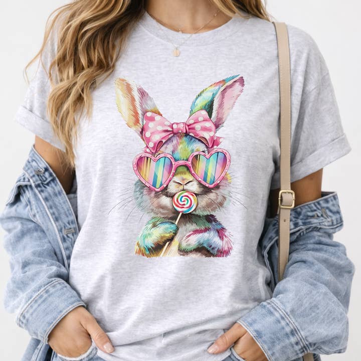 Retro Easter Bunny With Lollipop Easter Graphic Tee for wholesale by Simply Spoken Apparel
