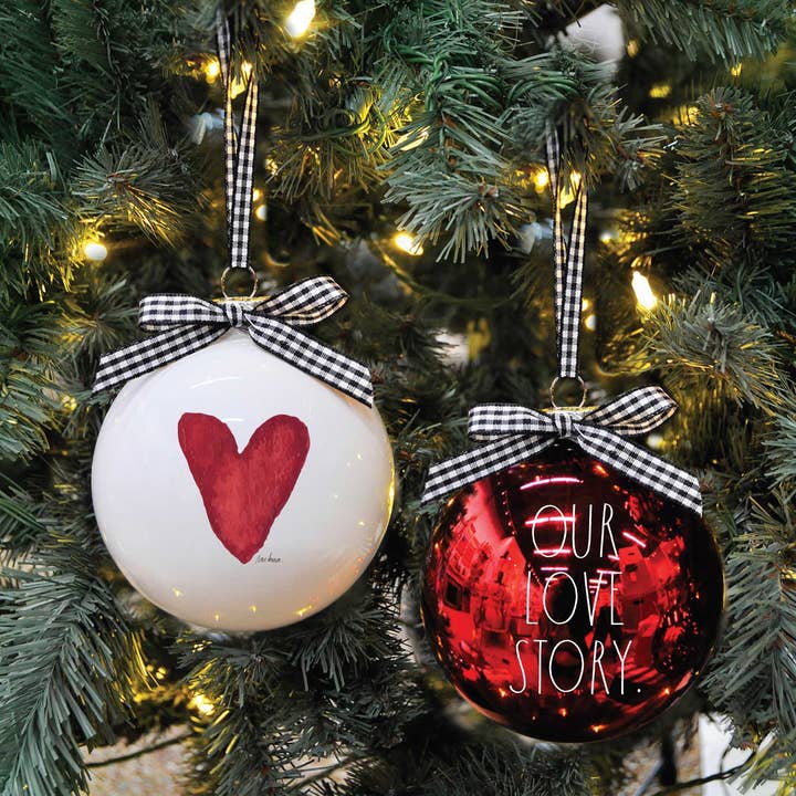 DesignStyles Home - Wholesale Ornament Set - Rae Dunn "Our Love Story" 100mm Glass Ornament Bauble Set (2 Pieces)