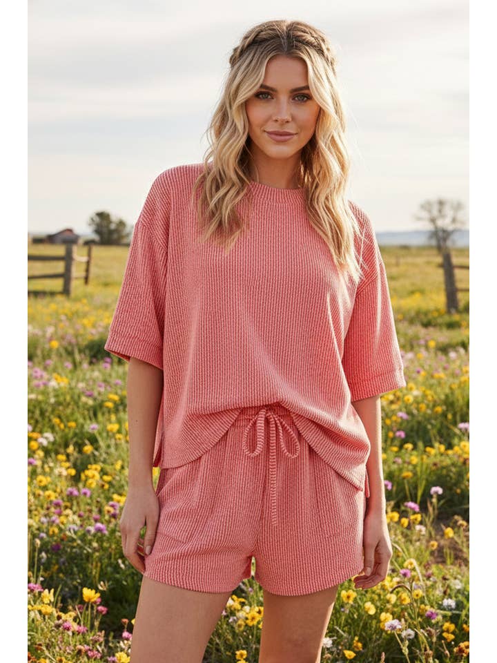 Sewn and Seen - Wholesale Lounge Set - Women's - RIBBED ROUND NECK TOP AND SHORTS SET1