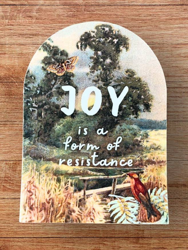 JOY is a form of resistance 3.15 x 2.15 arch sticker for wholesale by Jennifer Rizzo Design Company