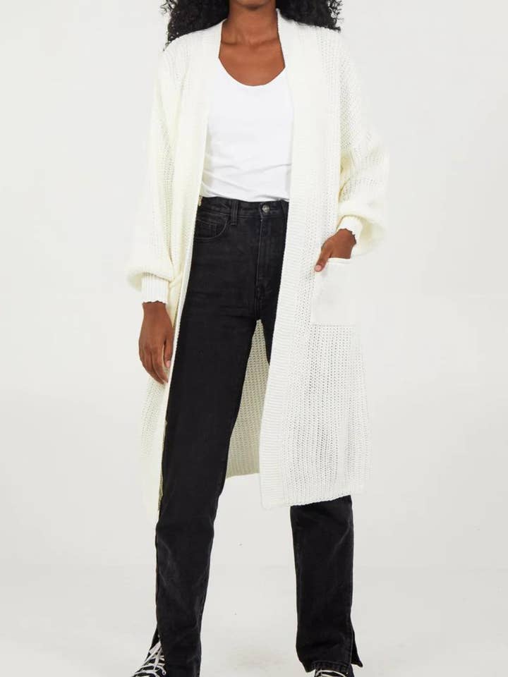Cardigan de Manga Comprida de Manga Comprida de Malha Midi com Pormenores de Bolso em Creme por atacado de Hoxton Gal