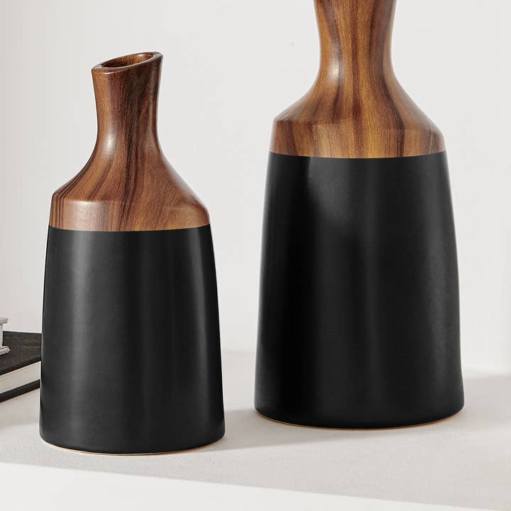 Milo Kande Carafe Two Tone Tabletop Vase Black and Walnut for wholesale by Danya B