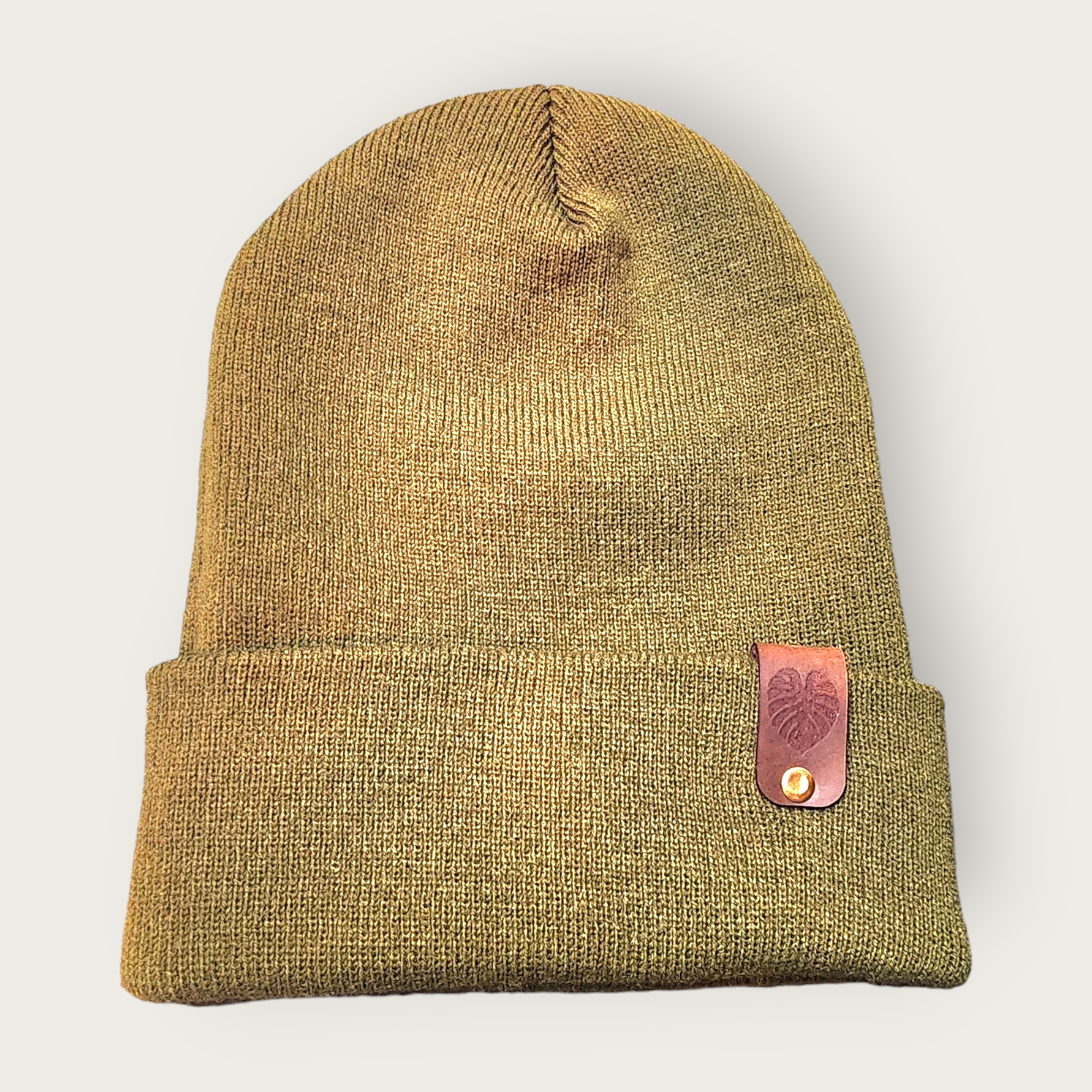 Olive Branch Laserworks - Wholesale Beanie - Women's - Beanie with monstera leaf leather cuff detail1