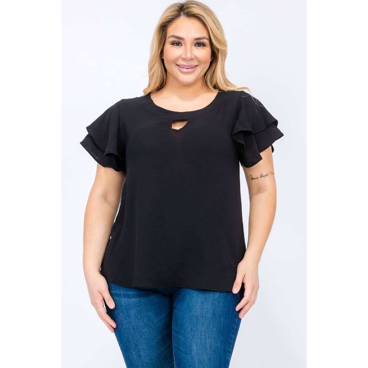 Curve Market - Vente Chemisier – femme - CHEMISIER TAILLE PLUS AVEC MANCHES VOLANTÉES ET TROU DE SERRURE0