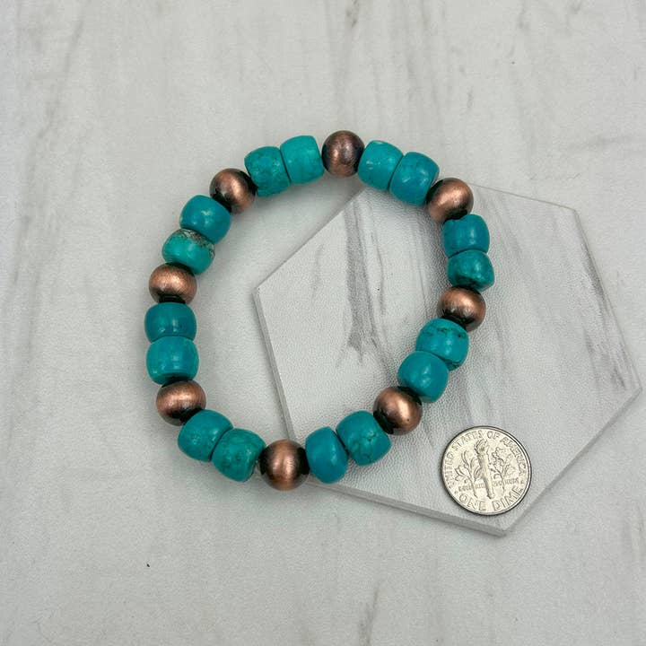 BR250120-42               Copper Navajo pearl beads with blue turquoise stone Bracelet for wholesale by Western Elite Jewelry