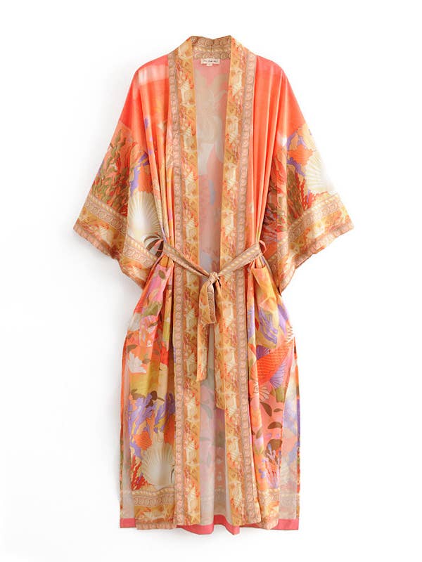 Retro Mermaid Print Long Kimono Robe With Belt for wholesale by Rosa Clothing