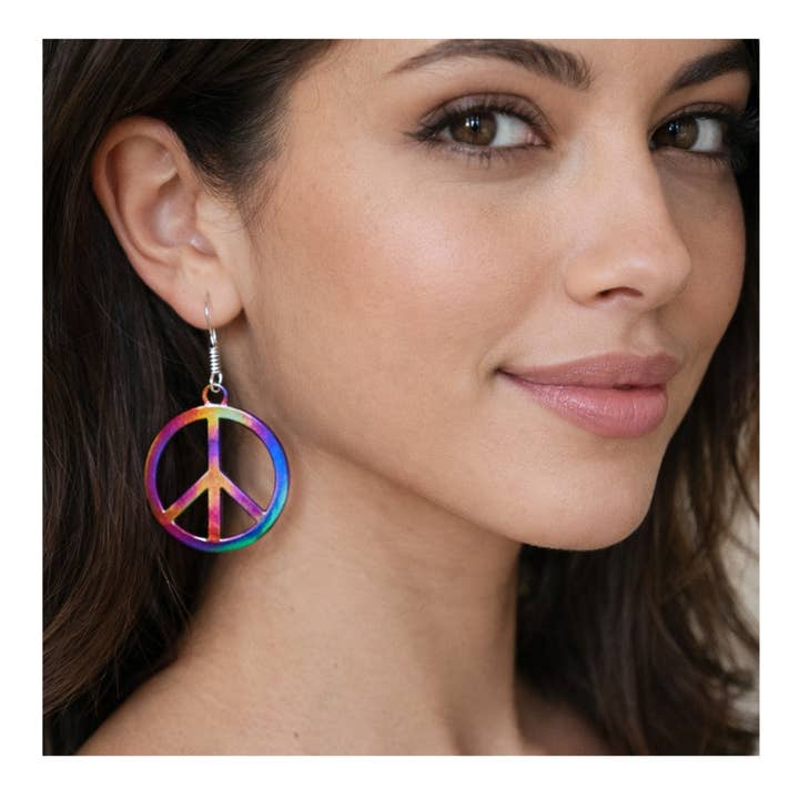 Dangle Earrings | Rainbow Peace Sign | Retro for wholesale by EarthlieTreasures