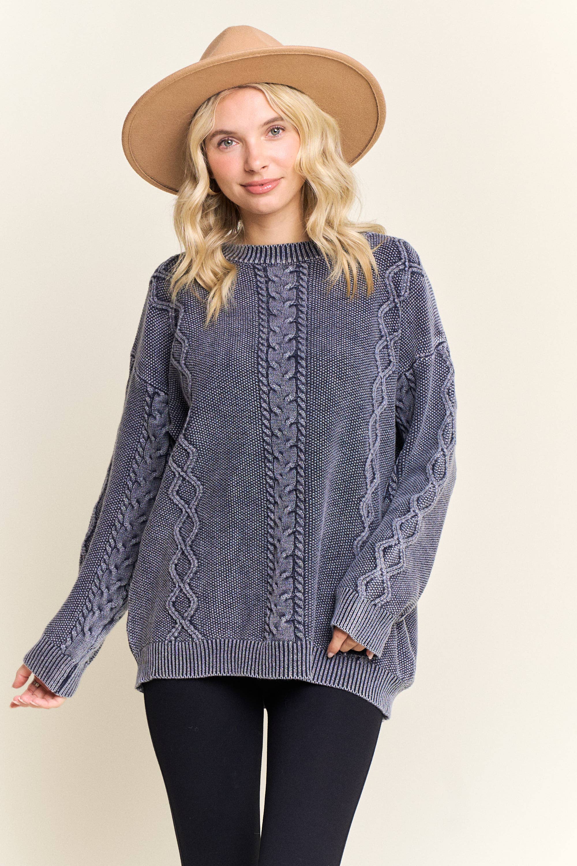 Madelyn - Wholesale Knit Sweater - Women's - LESW4172-VINTAGE WASH CABLE KNIT PULLOVER SWEATER1